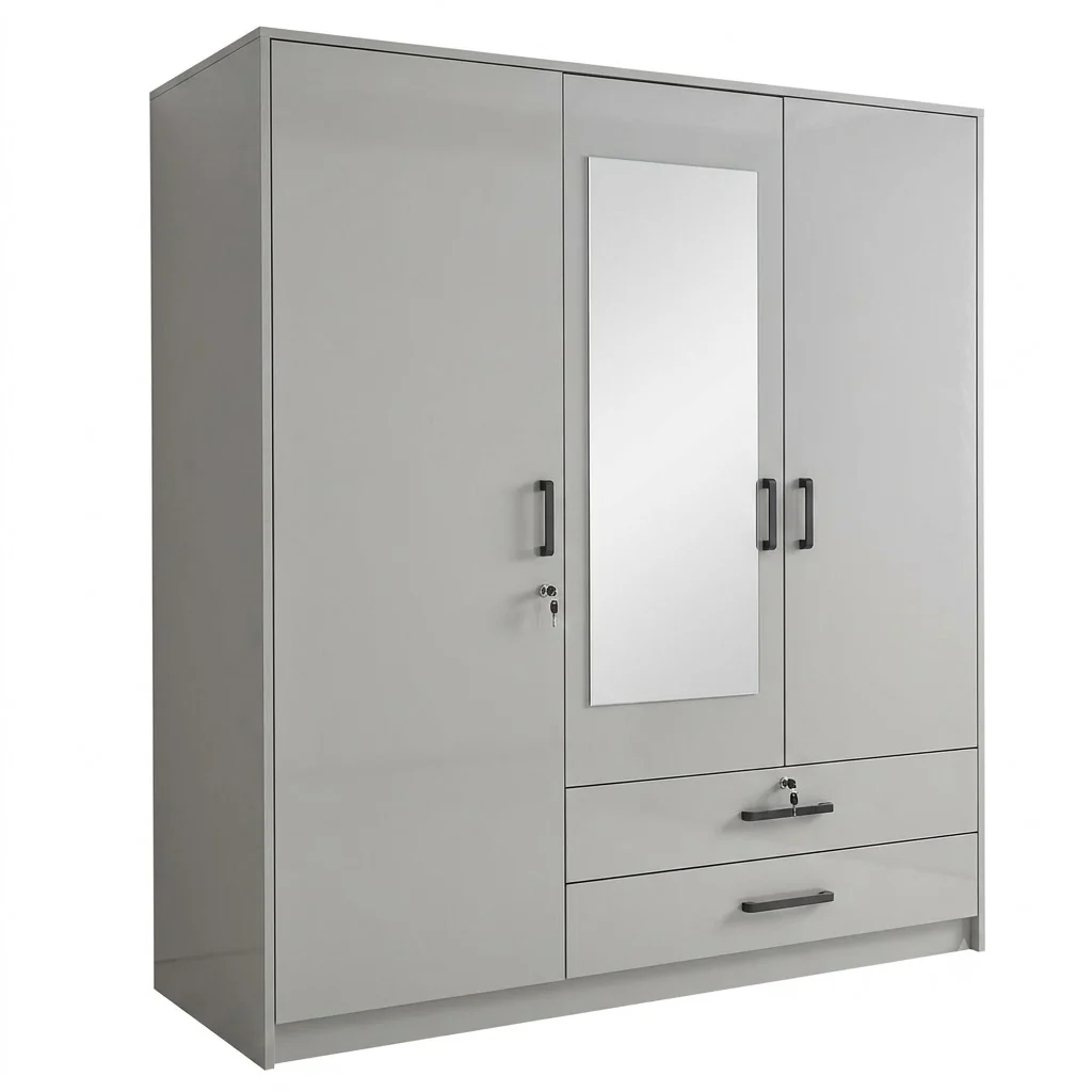 3 Door Wardrobe with Mirror and 2 Drawers in Light Grey, featuring full-height hanging space and built-in storage.