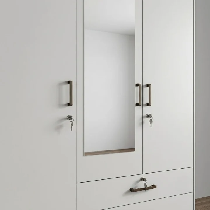 3 Door Wardrobe with Mirror and 2 Drawers in Light Grey showcasing a clean design and practical storage options.