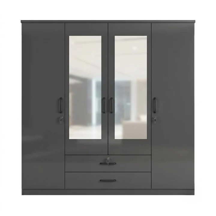 4-Door High Gloss Charcoal Wardrobe with Full-Length Mirrors featuring a sleek design and full-length mirrors.
