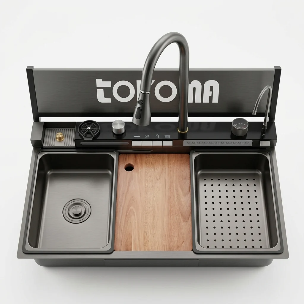 Stainless Steel Waterfall Nano Kitchen Sink with multifunctional basin and modern design.