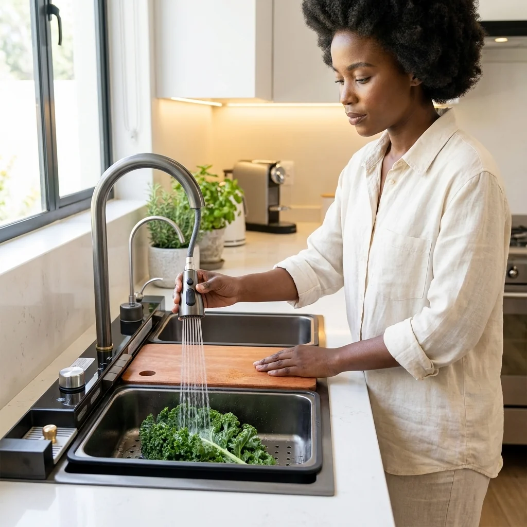 Woman washing produce in Stainless Steel Waterfall Nano Kitchen Sink with waterfall flow and digital temperature display.