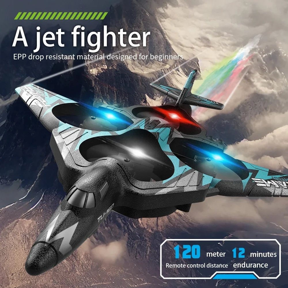 2.4G Wi-Fi Gravity Sensing Spray Fighter RC Airplane flying above mountains, showcasing mist-exhaust effect.