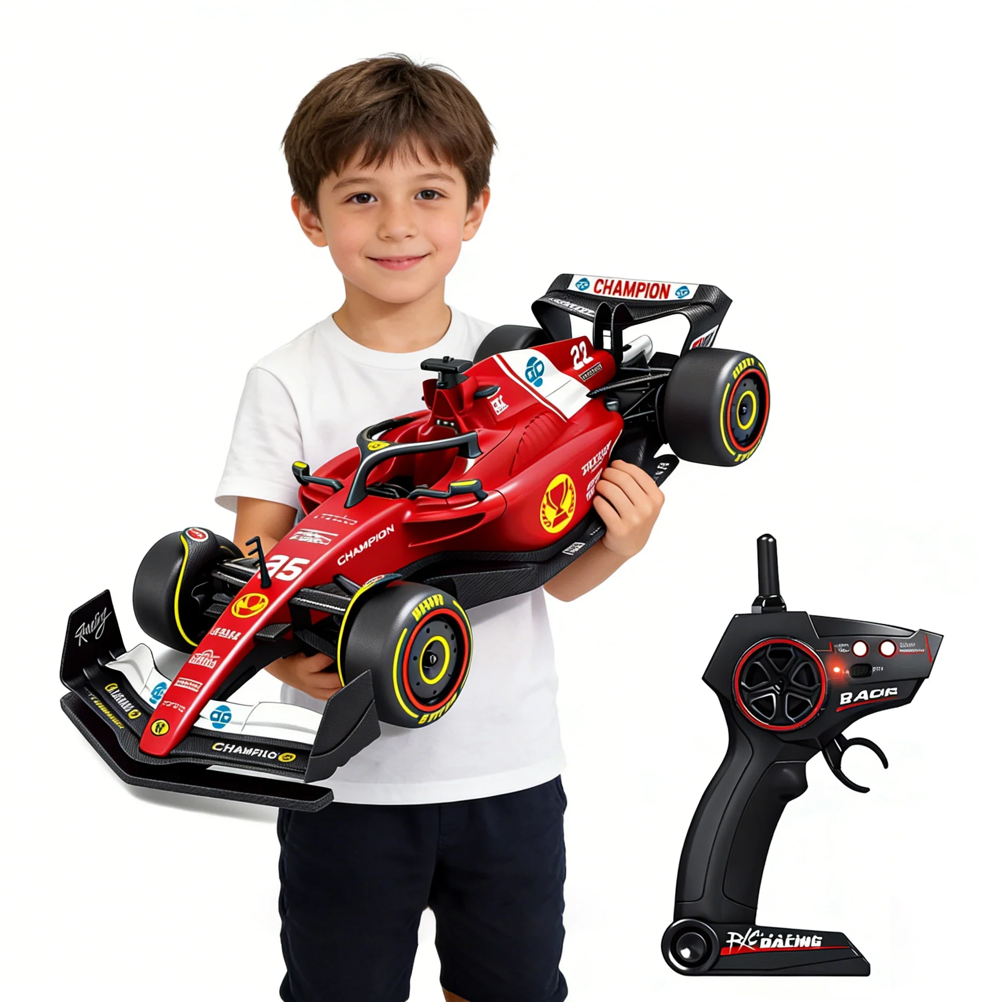 Boy holding an F1 App-Controlled High Speed RC Car with remote control in hand.