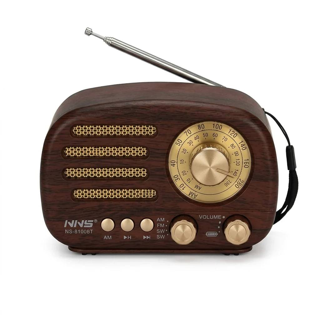 Vintage Wooden Portable Radio and Bluetooth Speaker with brass dials and extendable antenna.