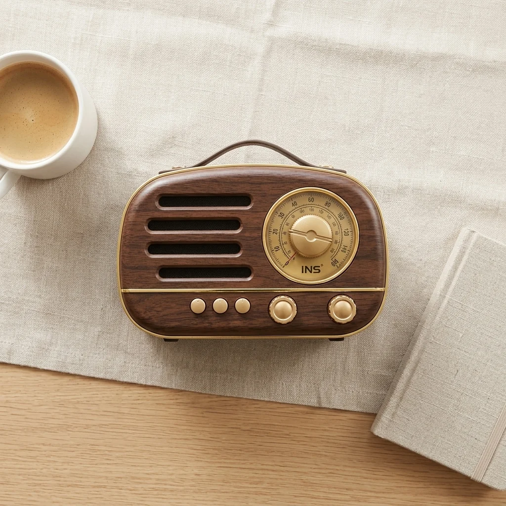 Vintage Wooden Portable Radio and Bluetooth Speaker on a table with coffee and a book.