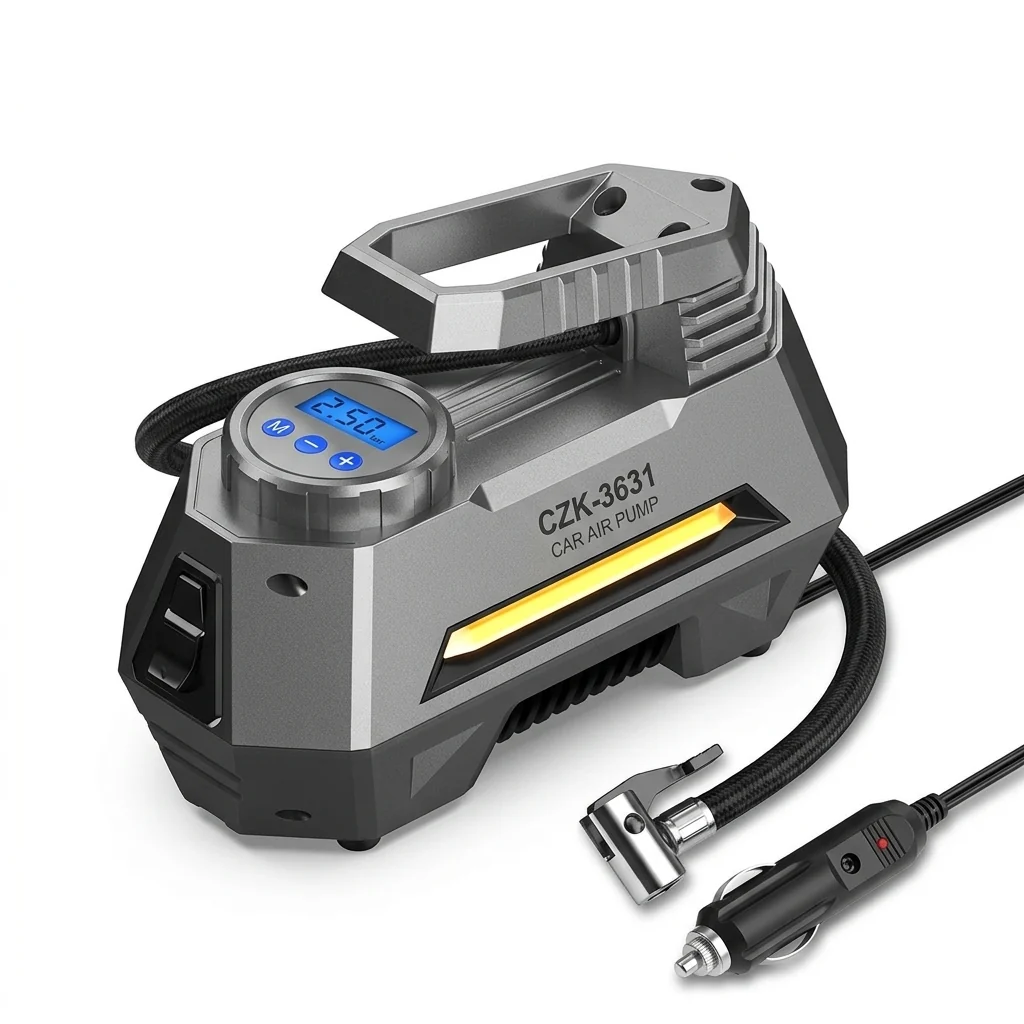 Heavy-Duty 12V Digital Car Air Compressor with digital display and hose for tire inflation.