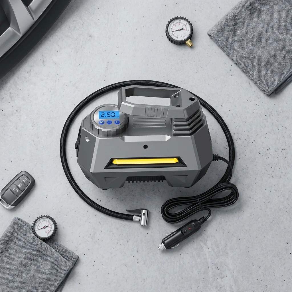 Heavy-Duty 12V Digital Car Air Compressor displayed on a gray surface with accessories and tire gauges.