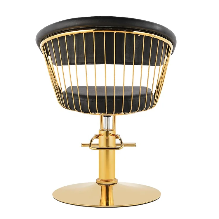 Black Beauty Salon Hydraulic Lifting Chair with gold metallic base and black cushioned seat for barbershops.