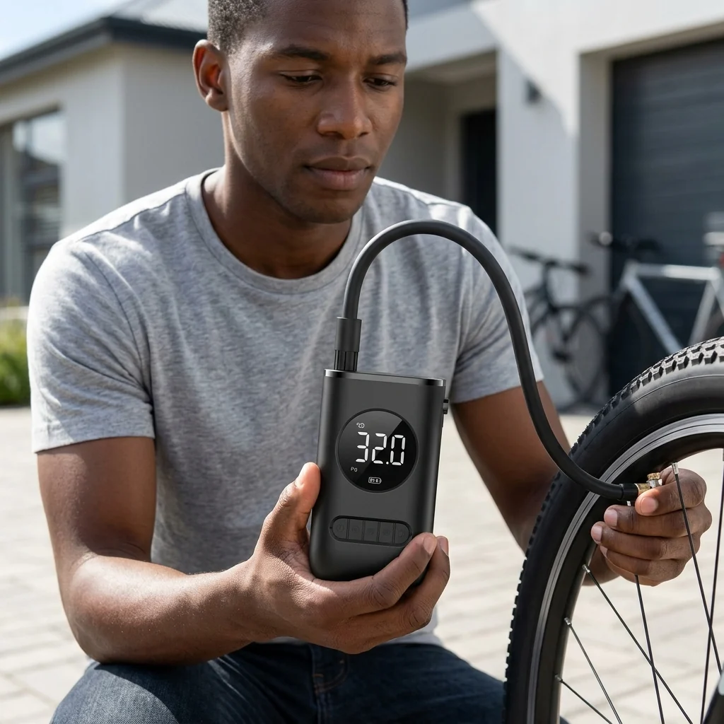 Man using a Portable Electric Air Compressor to inflate a bicycle tire with a digital pressure display.