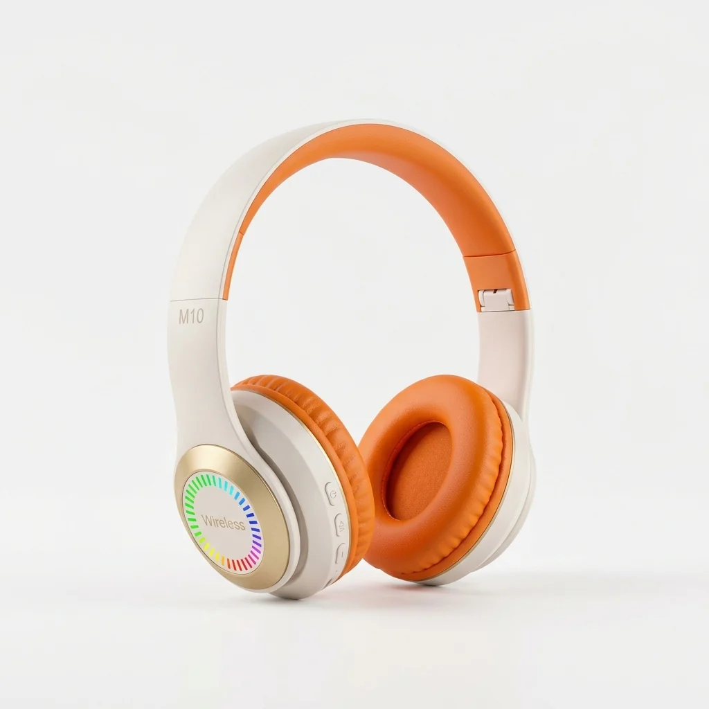 M10 Wireless Bluetooth Over-Ear Headphones featuring dynamic RGB accents and cushioned ear cups.
