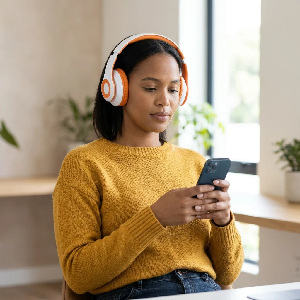 M10 Wireless Bluetooth Over-Ear Headphones worn by a woman checking her phone in a cozy indoor setting.