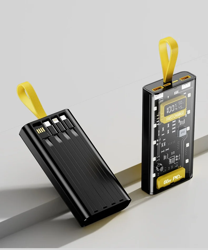 12000mAh Transparent 22.5W Fast Charging Power Bank with digital display and yellow strap on a gray surface.