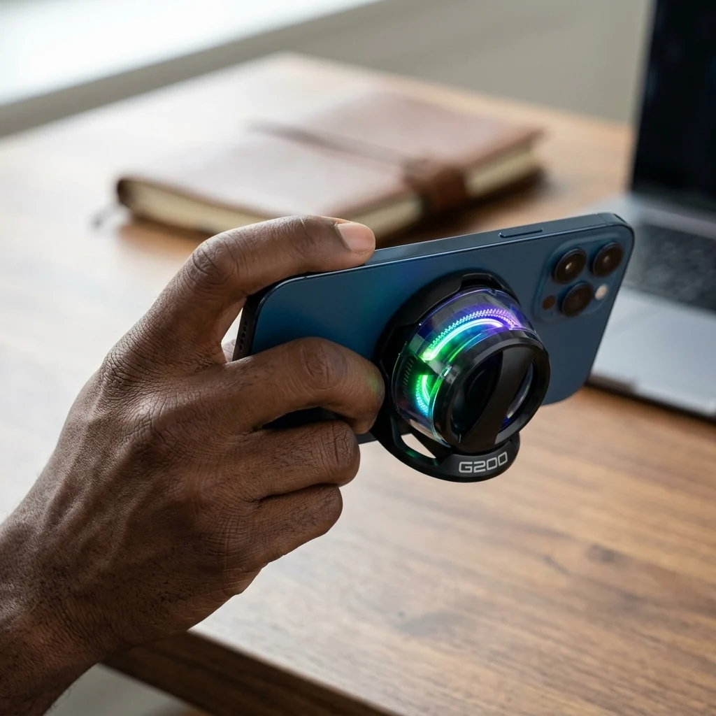 G200 Magnetic Semiconductor Phone Cooler attached to a smartphone with RGB lighting.