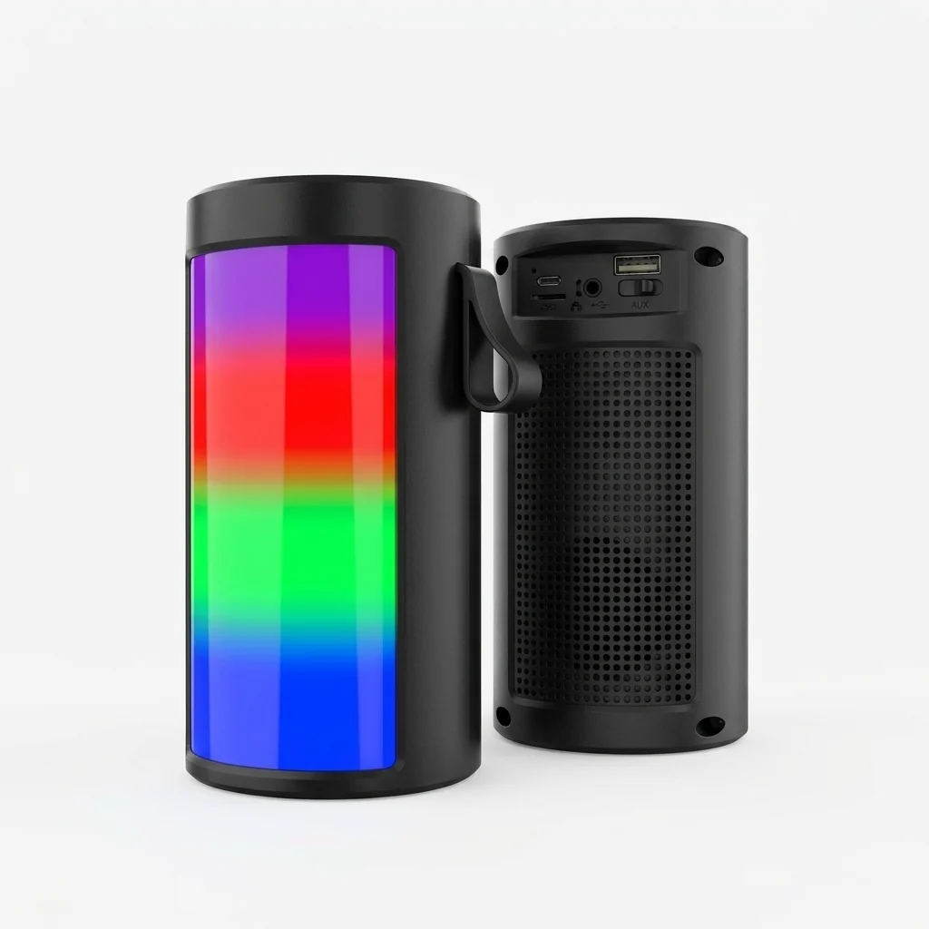 Wireless Bluetooth Speaker with Dynamic RGB Lighting showcasing vibrant LED colors and compact design.