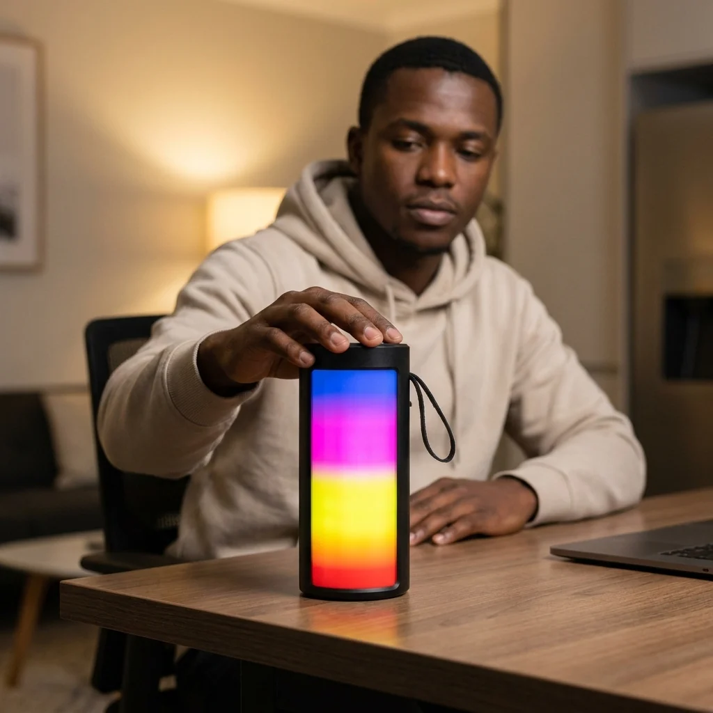 Wireless Bluetooth Speaker with Dynamic RGB Lighting in use on a desk by a person.