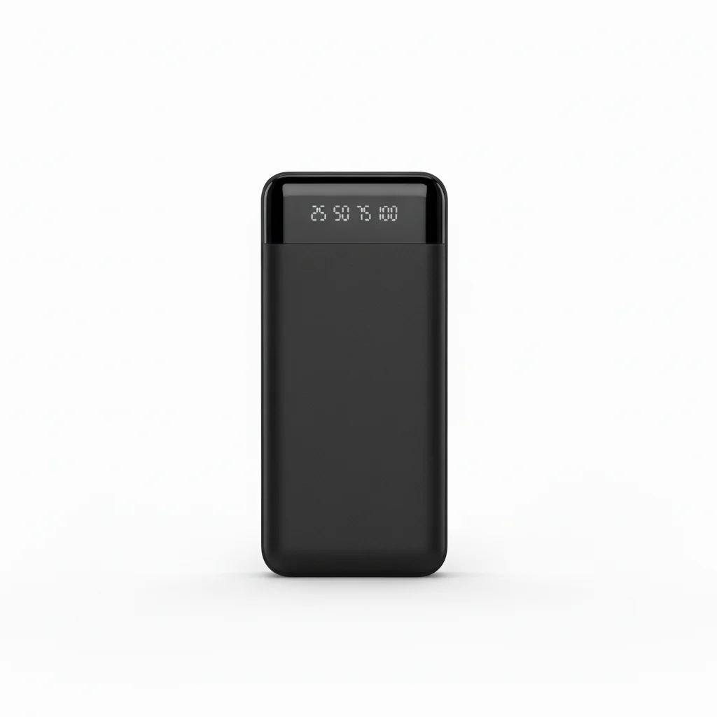 20000mAh Power Bank with Built-In Cables displayed in black, showcasing its digital display and sleek design.