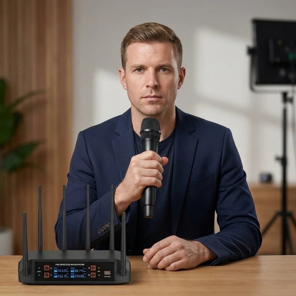 4-Channel Professional Wireless Handheld Microphone System in use by a man with a microphone, showcasing crystal-clear audio quality.