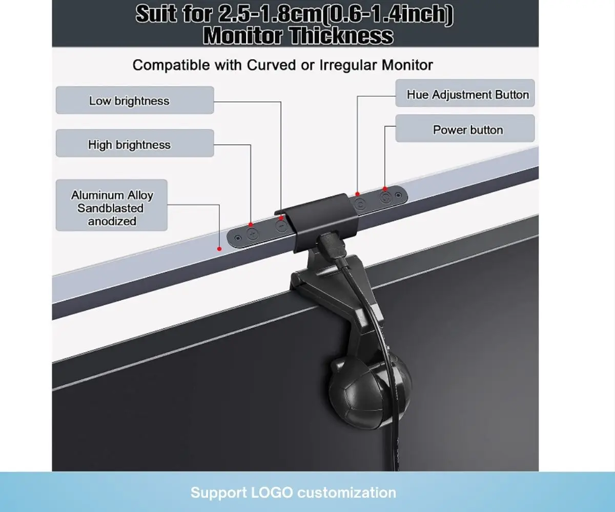 LED Monitor Screen Light Bar displaying features for various monitor thicknesses and brightness adjustments.