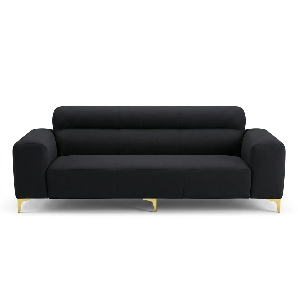 Modern Black 3-Seater Sofa with Gold Metal Legs, sleek contemporary design and luxurious comfort for living spaces.