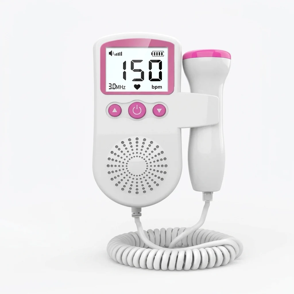 Compact Digital Fetal Doppler Heart Rate Monitor with LCD display and ultrasound probe.
