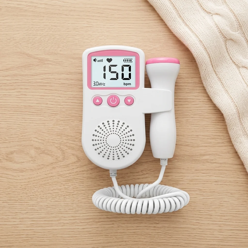Compact Digital Fetal Doppler Heart Rate Monitor displaying fetal heartbeat rate of 150 bpm on LCD screen.