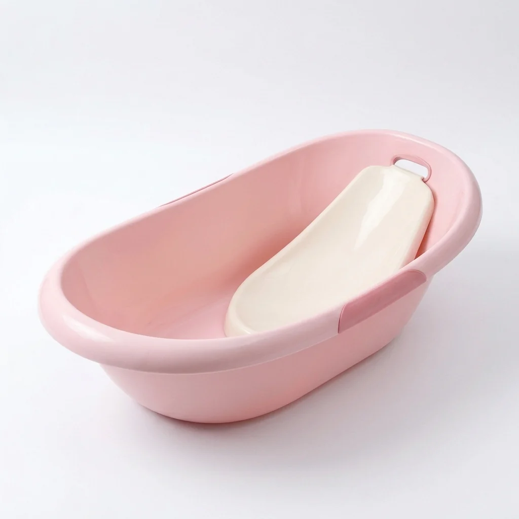 Ergonomic Baby Bathtub with Seat in pink color featuring contoured support insert for infant comfort and safety.