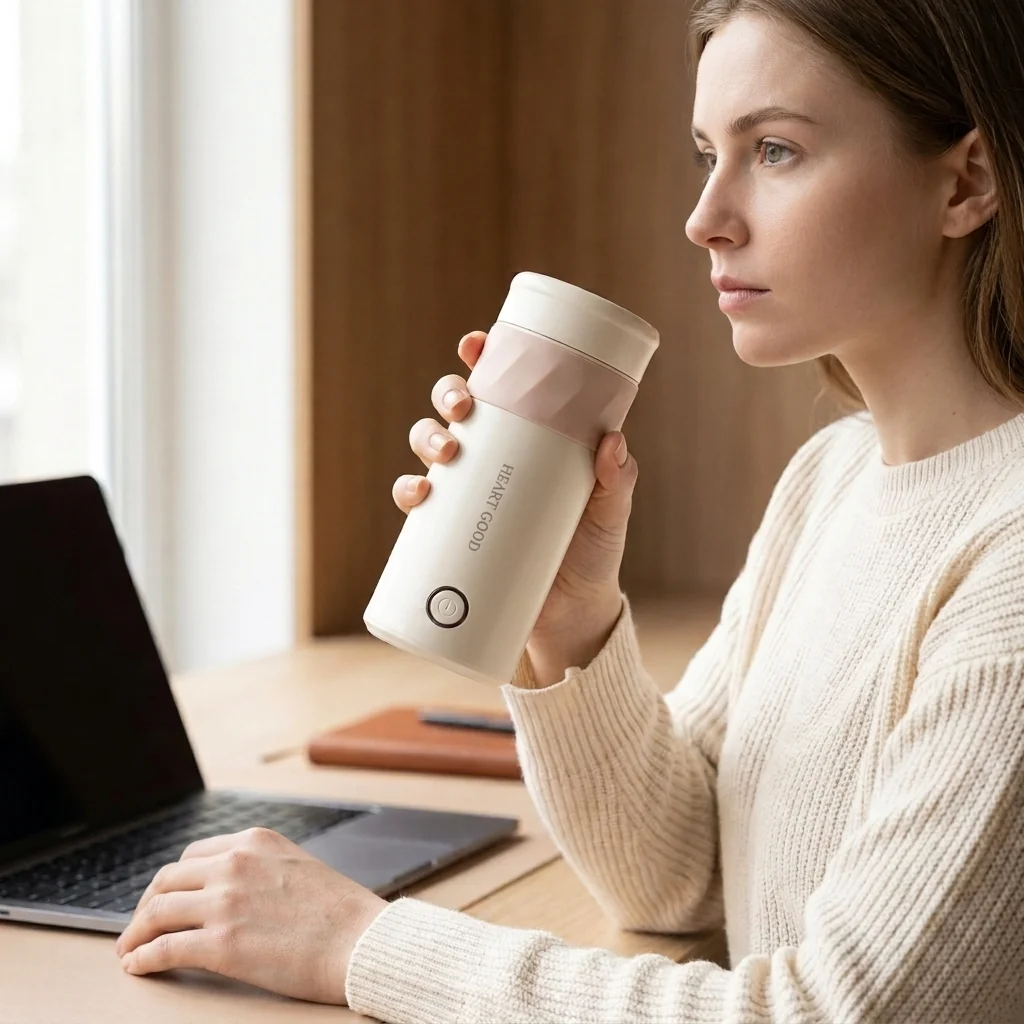 A woman holding a Portable Electric Travel Kettle & Thermal Cup while sitting at a desk with a laptop.