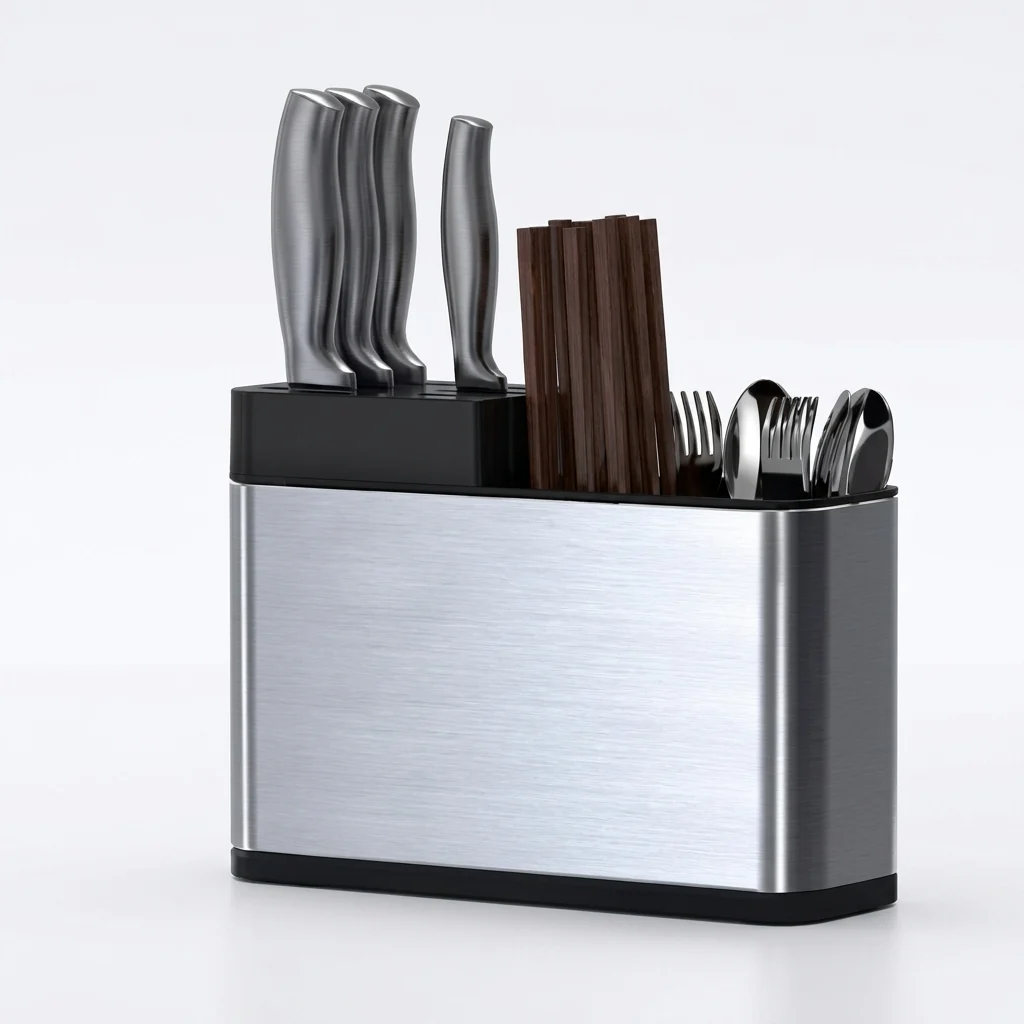 Stainless Steel Knife Block & Cutlery Organizer Caddy with knives and utensils arranged neatly.