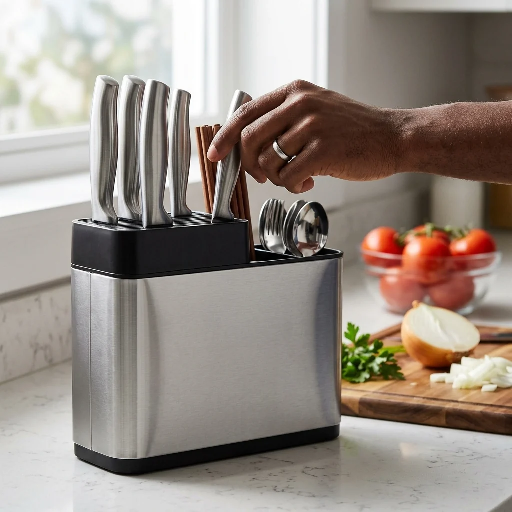 Stainless Steel Knife Block & Cutlery Organizer Caddy holding kitchen knives on a countertop next to fresh vegetables.