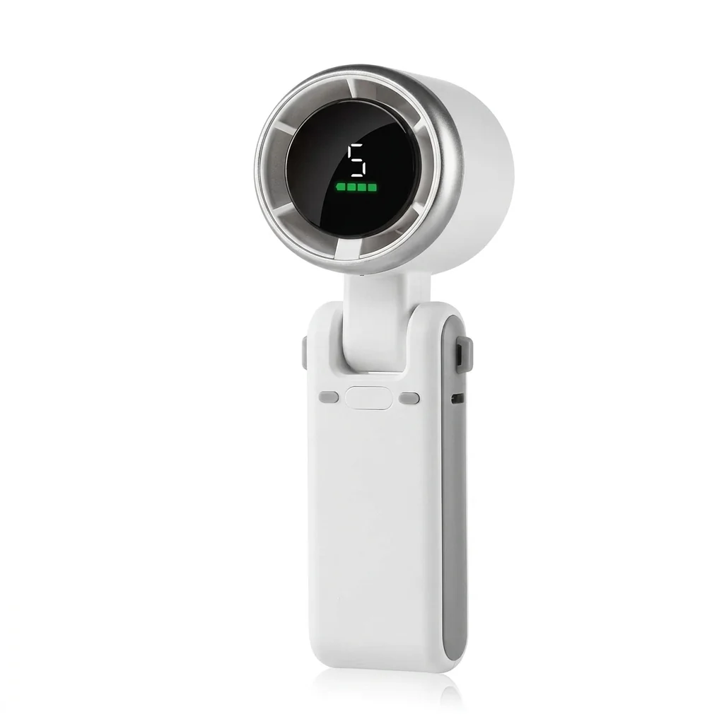 Portable Handheld Turbo Fan with Digital LED Display showing speed setting on screen.