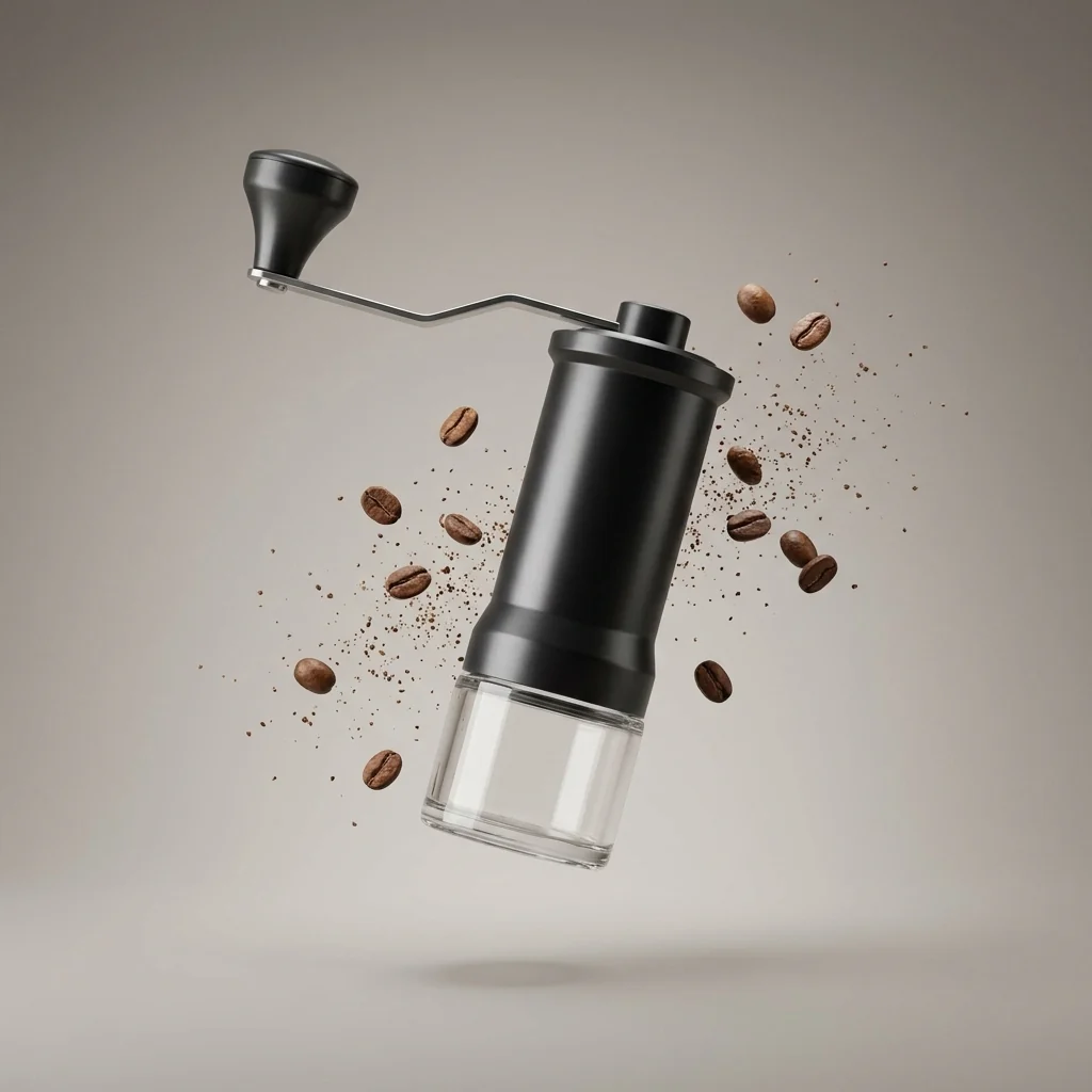 Portable Manual Hand Burr Coffee Grinder with coffee beans and grounds flying around it, showcasing its design and functionality.