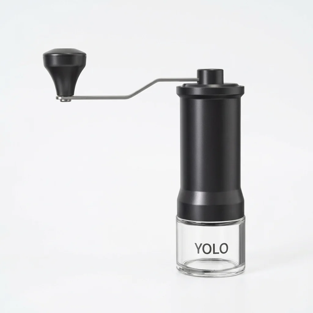 Portable Manual Hand Burr Coffee Grinder in sleek black design with a glass container.
