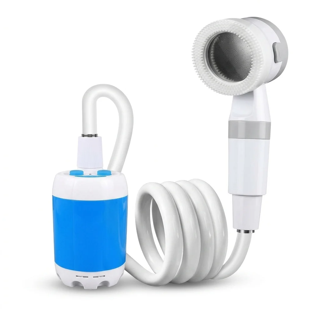 Portable Electric Outdoor Shower Pump Kit with flexible hose and specialized shower head for outdoor cleanliness.