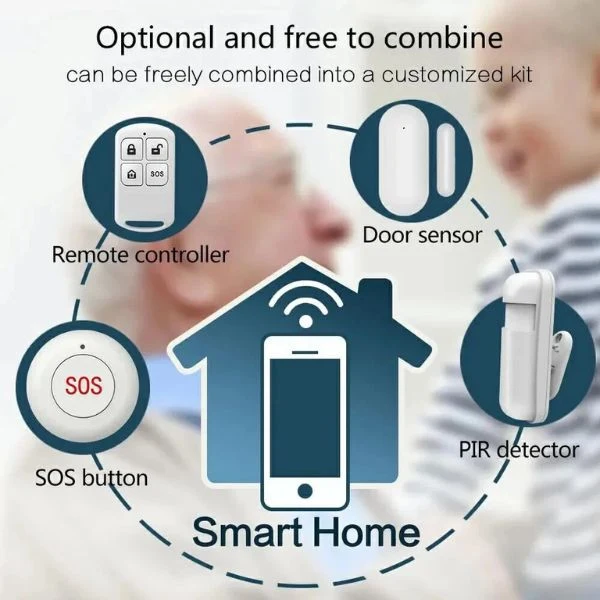Smart Wifi Home Alarm System Kit components including remote controller, door sensor, SOS button, and PIR detector.