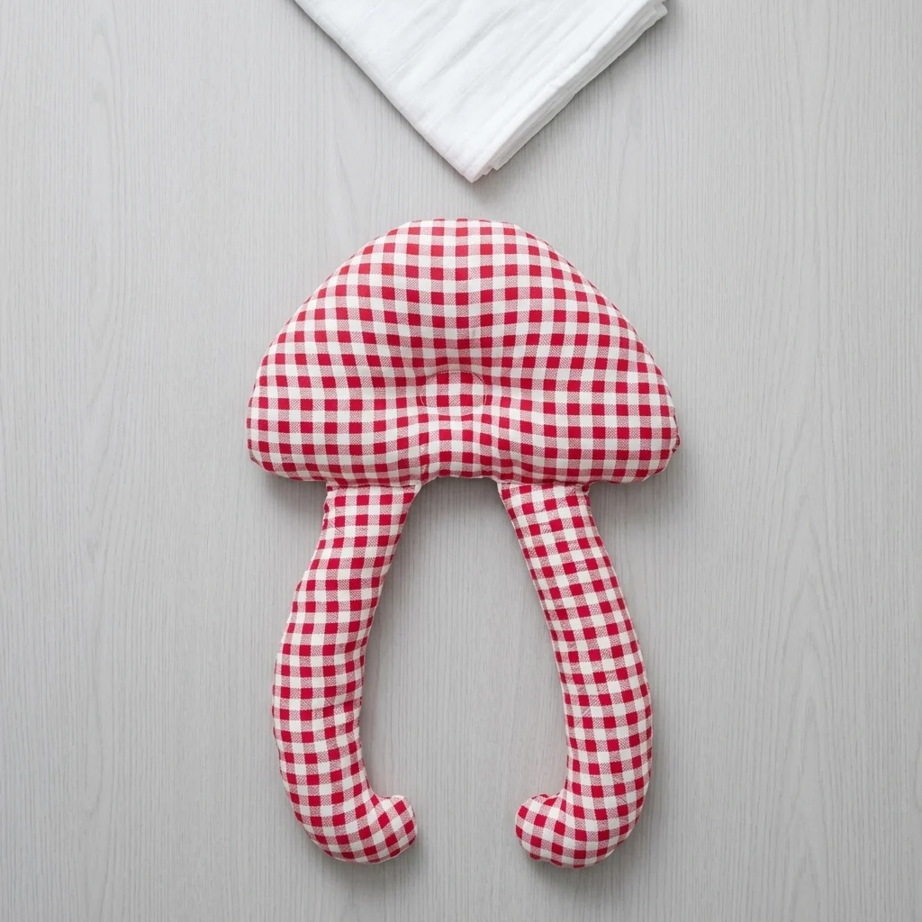 Red Gingham Baby Support Cushion on a wooden surface featuring a red-and-white checked pattern.