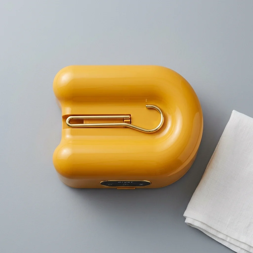 Portable Electric Mini Clothes Dryer in yellow, compact design with integrated hook and towel beside it.