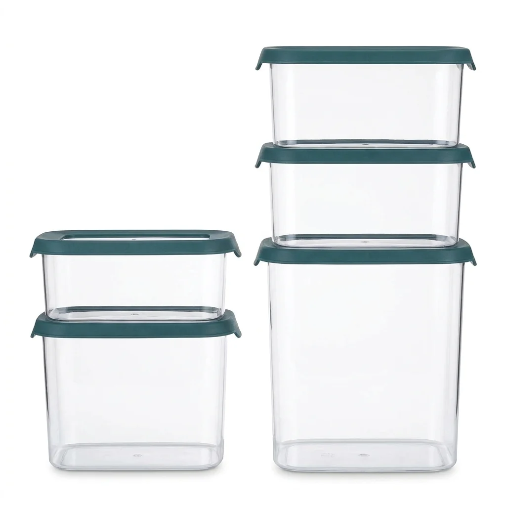 5-Piece Airtight Clear Food Storage Container Set neatly stacked, featuring clear containers with dark teal-green lids.