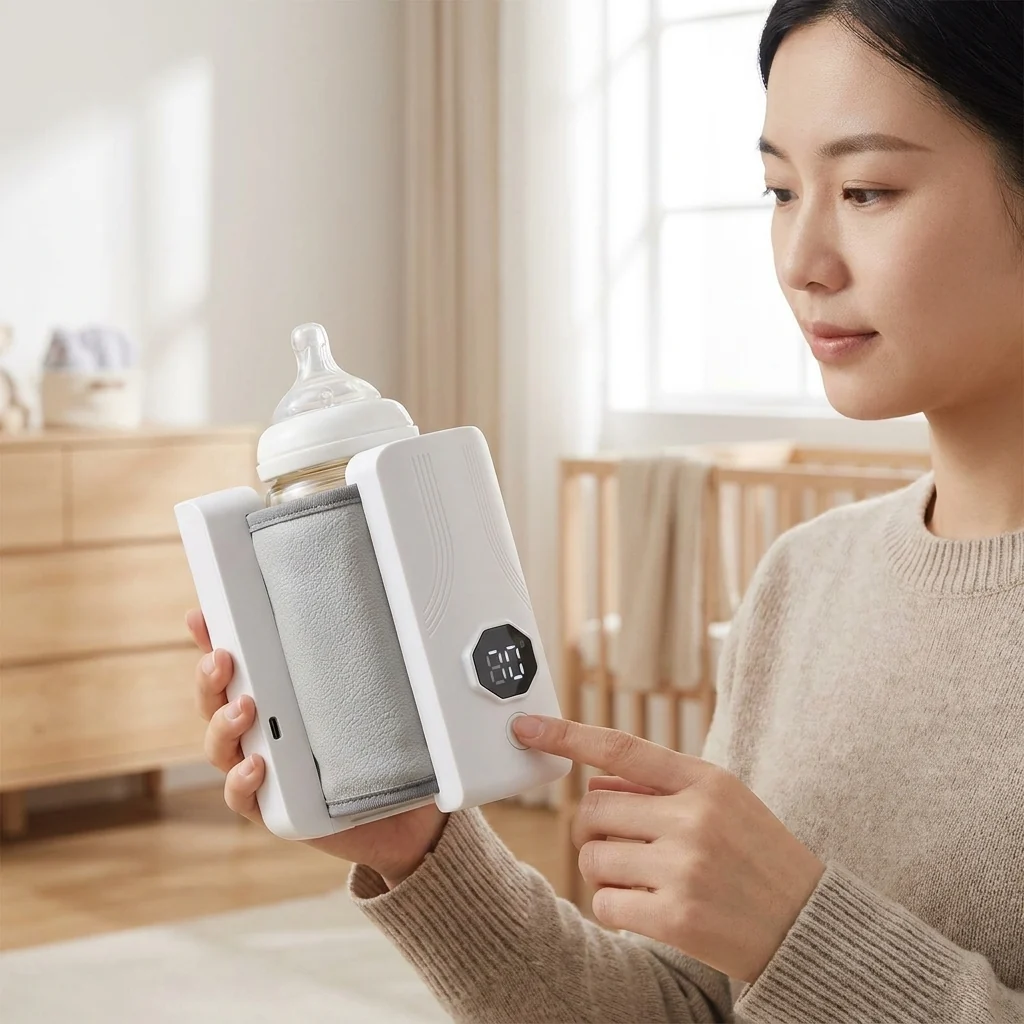 A parent using a Portable USB Rechargeable Baby Bottle Warmer to warm milk for their baby.
