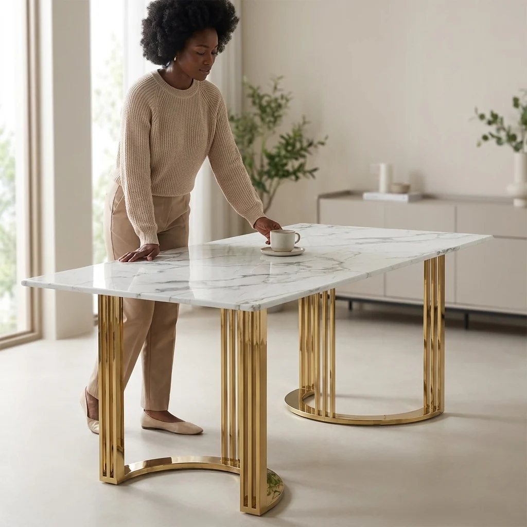 Modern White Marble-Look Dining Table with Gold Legs
