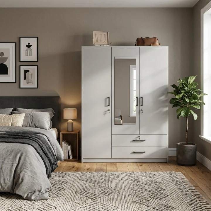 3 Door Wardrobe with Mirror and 2 Drawers in Light Grey