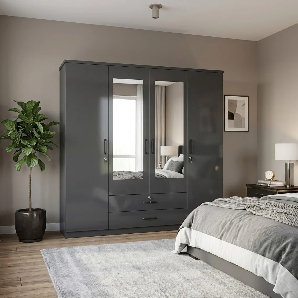 4-Door High Gloss Charcoal Wardrobe with Full-Length Mirrors