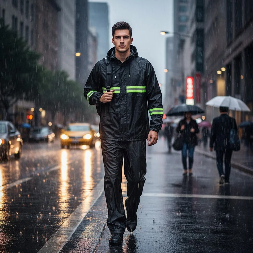 One Size Rain Coat with Reflective Strips